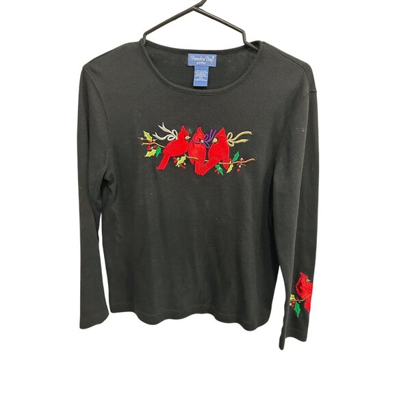 Paradise Bay Cardinal Christmas Long Sleeve Top Black Red Small Petite Holiday - Picture 1 of 9